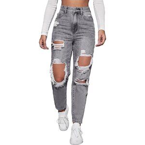 Women's High Waist Boyfriend Ripped Straight Leg Denim Jeans Grey Small